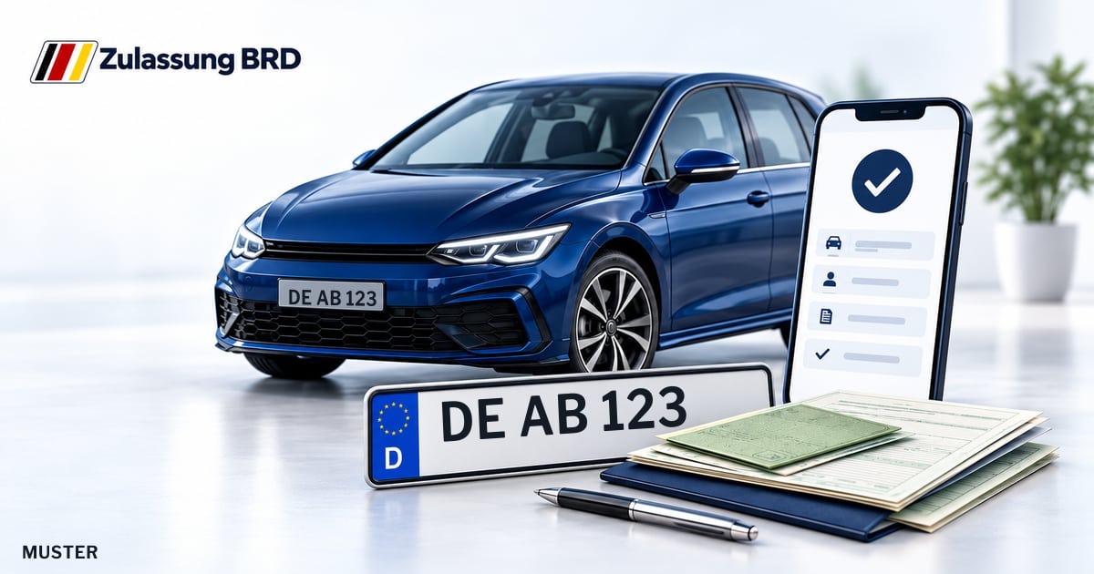 Online Fahrzeugzulassung in Dessau-Roßlau: Musterkennzeichen DE AB 123, Auto und Fahrzeugpapiere und Smartphone. Illustration mit Logo von Zulassung BRD.